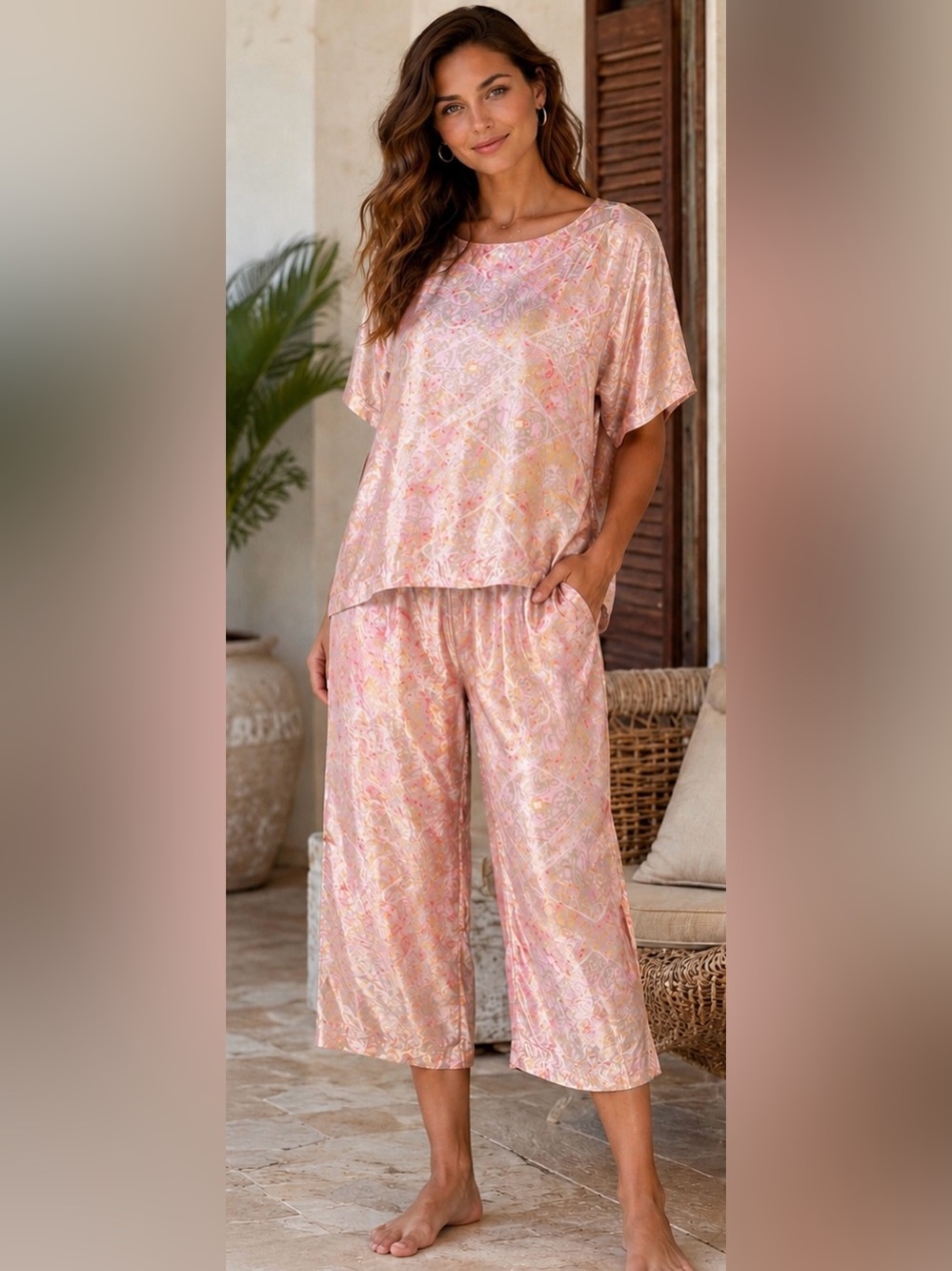 NWOT Rhea 2-Piece S Silk Blend Lounge Set Pink Paisley Blouse & Capri Pants A28